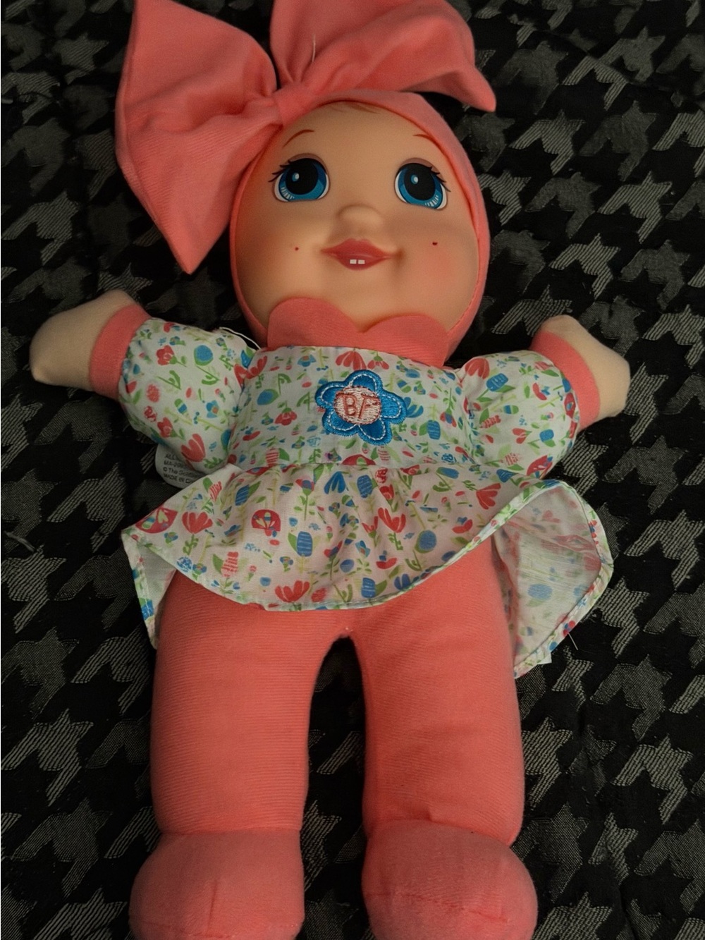 Plush Baby Doll in Pink Outfit with Floral Dress